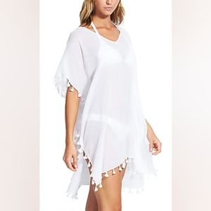 SEAFOLLY Women's Kaftan Pom Pom Trim with Gold Accents Cover Up Dress
